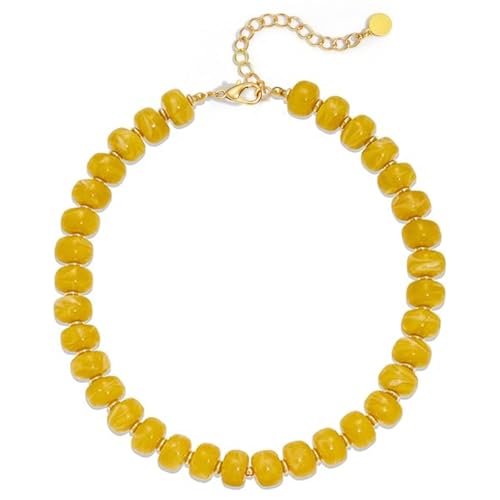 Chunky Beaded Necklace for Women, Colorful Boho Statement Necklace, Gold Chunky Resin Large Bead Necklace, Waterproof Summer Beach Jewelry Gifts for Women - color: Yellow