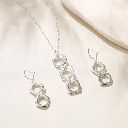 3 Circles Silver Hoop Earrings Necklace Set for Women Geometric Jewelry Set | 925 Silver Hypoallergenic Small Hoop Circle Geometry Textured Finish Minimalist Style Comfortable Wear - style: 3 Hoop