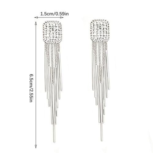 Rhinestone Tassel Earrings for Women, Elegant Long Silver Dangle Earrings for Wedding Party Formal Event Fashion Jewelry