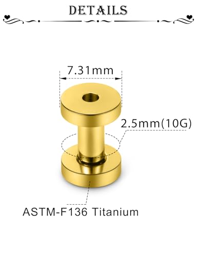 Astm F136 Titanium Ear Gauges Screw Fit Flesh Tunnels Plugs Gauges Earring Expander Stretcher Ear Tunnels For Ears 10G 8G 6G 4G 2G 0G 00G Plug Earrings Body Piercing Jewelry For Women Men - color: 10G Tunnels, Gold