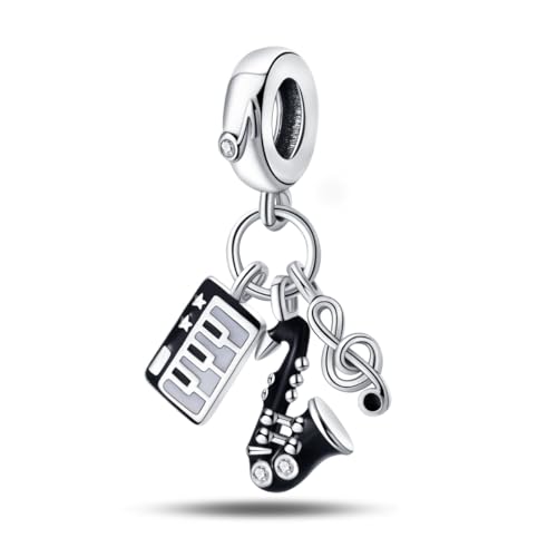 LNQOBU 925 Sterling Silver Charms for Bracelets Necklaces,5A Cubic Zirconias Evil Eye Dangle Beads Charms Jewelry Gift for Women (With one Spacer Beads Charms) - style: Punk Sax Guitar 3-Piece Charm Pendant Set