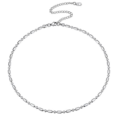 FOCALOOK Choker Necklace for Women, Double Layered Boho Beaded Choker Chain | Dainty 14K Gold Plated/Silver/Black Metal, Simple Small Satellite Beaded Chain Necklace, Hypoallergenic for Everyday Wear - color: 03.Beaded Choker-Silver