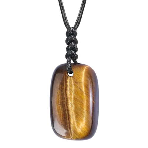 Natural Gemstone Pendant Necklace Healing Crystal Choker Necklace Adjustable Waxed Black Rope for Women Men - color: Tiger's Eye