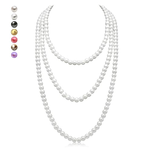 Women's Long Pearl Necklace - Natural Cultured Pearls - Luxurious 8mm Strand Pearls - 1920s Timeless Elegance - Great for Wives, Girlfriends, Sisters, and Besties - Length 60In/71In - color: Snowdrop White, size: 60In