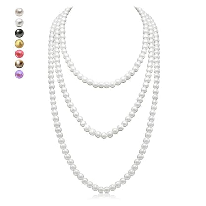 Women's Long Pearl Necklace - Natural Cultured Pearls - Luxurious 8mm Strand Pearls - 1920s Timeless Elegance - Great for Wives, Girlfriends, Sisters, and Besties - Length 60In/71In - color: Snowdrop White, size: 60In