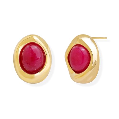 Jean Beau Chunky Gold Stone Stud Earrings for Women, Trendy Natural Gemstone Hypoallergenic Earing Valentine Jewelry Gift - color: Fuchsia