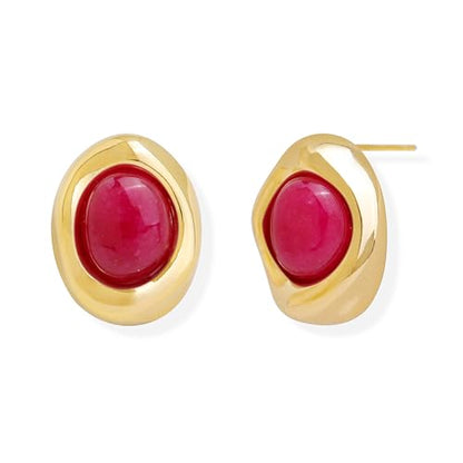 Jean Beau Chunky Gold Stone Stud Earrings for Women, Trendy Natural Gemstone Hypoallergenic Earing Valentine Jewelry Gift - color: Fuchsia