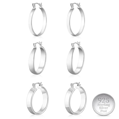 3Pairs 14K Gold Plated Chunky Hoop Earrings Set for Women, Trendy Hoop Earring 925 Sterling Silver Post - Hypoallergenic Thick Lightweight Twisted Hoops Dainty Gold Earrings for Women Jewelry Gifts - color: Silver 01