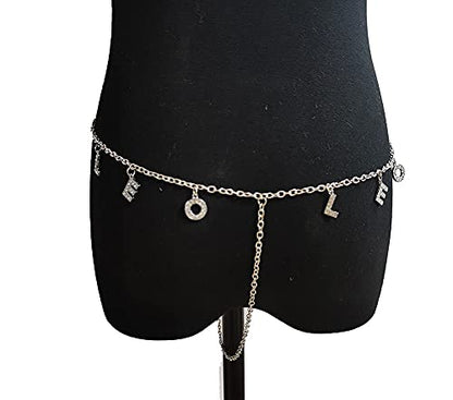 Women Sexy Rhinestone Waist Body Chain Crytal Sexy Letter Pendant Belly Waist Chain T-string Thong Body Jewelry - color: Leo Letter