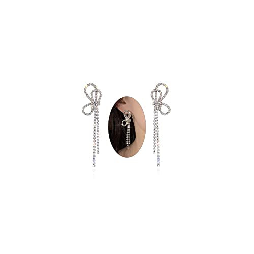 Luxval Rhinestone Earrings Dangling for Women Sparkly Silver Dangle Earrings Girls Long Chandelier Earrings Tassel Lightweight Ear Studs Cubic Zirconia Crystal Statement - color: Silver-Bow-knot Earrings