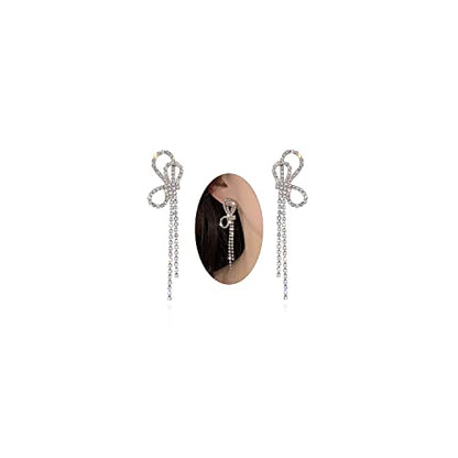 Luxval Rhinestone Earrings Dangling for Women Sparkly Silver Dangle Earrings Girls Long Chandelier Earrings Tassel Lightweight Ear Studs Cubic Zirconia Crystal Statement - color: Silver-Bow-knot Earrings