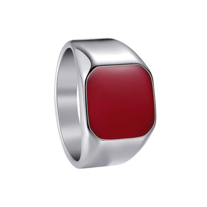 PAURO Unisex Stainless Steel Minimalist Square Enamel Signet Ring Plated Glossy Wedding Band - color: Silver Red