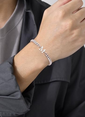 Initial Bracelet Matching Couple Bracelets Silver Letter A-Z Stainless Steel Cuban Link Chain Mens Bracelets Christmas Birthday Gifts for Men Women Him Teens Best Friends Husband Dad Son - color: H
