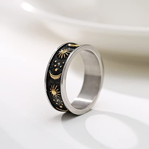 HZMAN 8mm Moon Star Sun Statement Ring Stainless Steel Boho Jewelry for Women Men - color: Silver & Gold