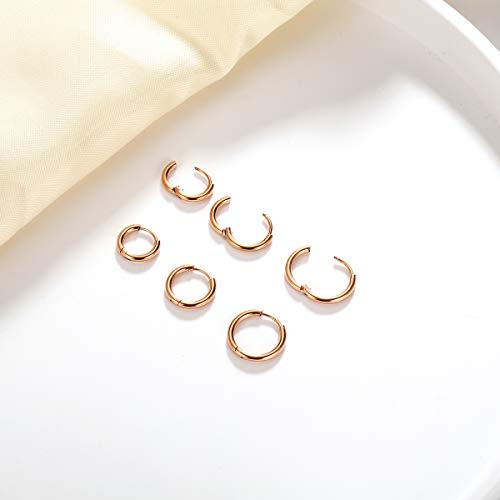 Surgical Stainless Steel Hoop Earrings 8mm/10mm/12mm Small Huggie Hoop Earrings for Women and Men - color: I: Rose Gold (Diameter 8mm/10mm/12mm),3 Pairs