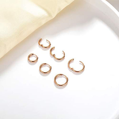 Surgical Stainless Steel Hoop Earrings 8mm/10mm/12mm Small Huggie Hoop Earrings for Women and Men - color: I: Rose Gold (Diameter 8mm/10mm/12mm),3 Pairs