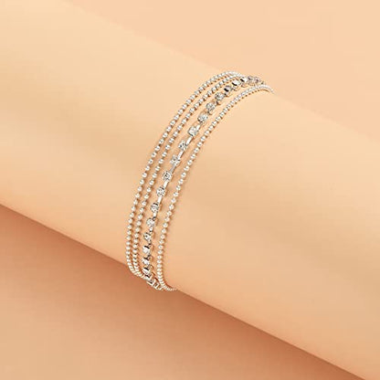 Fesciory Heart Rhinestone Ankle Bracelets for Women, Adjustable Silver Plated Shiny Tennis Anklets, Twinkle Cubic Zircon Imitation Diamond Anklet Foot Chain Jewelry Gifts - color: 3 Layer Rhinestone