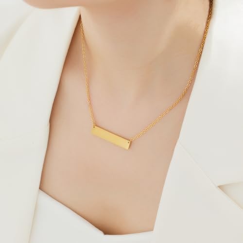 Rockyu Horizontal Bar Necklace for Women Gold Plated Stainless Steel Minimalist Bar Pendant with Shiny Rhinestone Adjustable Chain 18 Inch Jewelry Christmas New Year Gift (Silver)