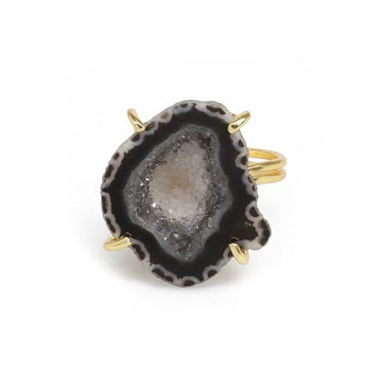 Elegant Geode Druzy Gemstone Statement Ring for Women, Adjustable Ring, Gold Plated Stone Size 20-25mm - color: Black, style: 1