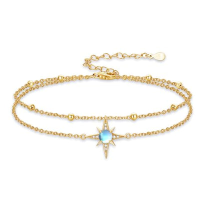 Moonstone Bracelet for Women 925 Sterling Silver Moonstone Bracelet Adjustable Jewelry Gift for Women - style: Star Stacked Anklet - Gold