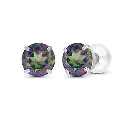 Solid 14K Yellow, White or Rose Gold 4mm Round Genuine Gemstone Birthstone Prong Set Stud Earrings For Women - color: Mystic Green Topaz