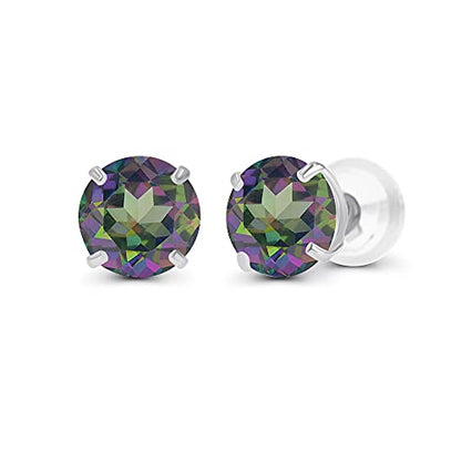 Solid 14K Yellow, White or Rose Gold 4mm Round Genuine Gemstone Birthstone Prong Set Stud Earrings For Women - color: Mystic Green Topaz