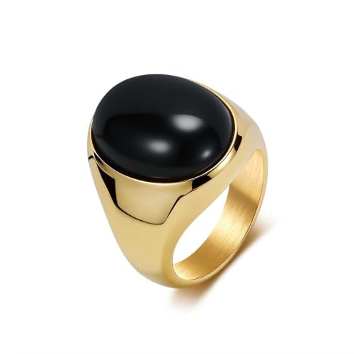 Stainless Steel Tiger Eye Obsidian Ring for Men Women, Oval Stone Signet Ring, Gold Silver Black Tone Stainless Steel Statement Jewelry Gift for Daily Wear - color: Gold Obsidian