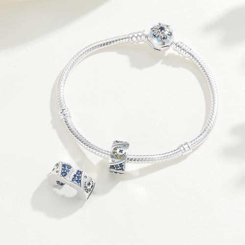 KEQ Clip Spacer Charm for Bracelet 925 Silver Pave Cubic Zirconia Clip Lock Stopper Bead Spacer For Women Bracelets Stopper Birthday Gifts European Openable Beads 2pcs - color: Stars and Moon in the Night Sky
