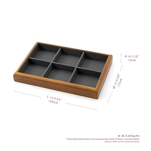 Oirlv Wood Jewelry Tray 6-Compartment Dark Grey | Dark Grey Solid Wood Frame, Soft Microfiber Lining, 9.84X17X1.18in with 6 Compartments, Holds Rings/Earrings/Bracelets - color: Grey, size: 6 grid