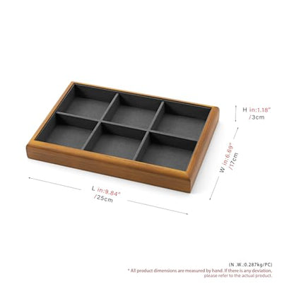 Oirlv Wood Jewelry Tray 6-Compartment Dark Grey | Dark Grey Solid Wood Frame, Soft Microfiber Lining, 9.84X17X1.18in with 6 Compartments, Holds Rings/Earrings/Bracelets - color: Grey, size: 6 grid