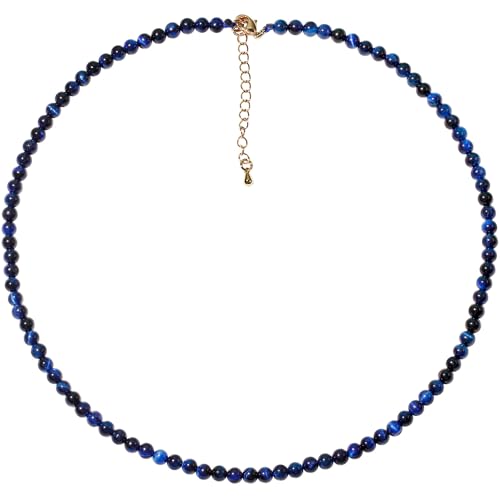 Simple 4mm Gemstones and Crystals Choker Necklace Unisex 16"-18" | Necklaces for Women Men, Adjustable, 40-45 cm Chain Length, Handmade, Spiritual Gemstones, Positive Energy, Daily Wear - style: Blue Tiger's Eye