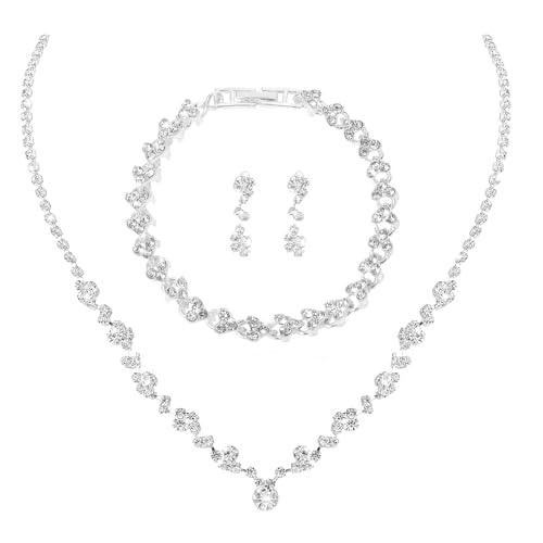 Bridal Jewelry Set for Wedding, Elegant Rhinestone Necklace Earrings Bracelet for women, Bridesmaid Silver Jewelry Set,Bridal Wedding Jewelry Sets, Formal Costume Accessories for Women - color: Silver