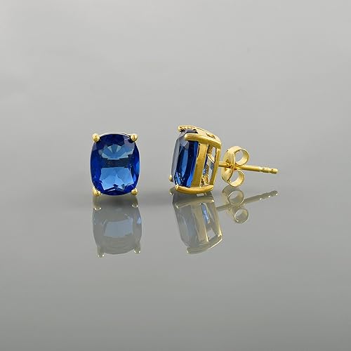 Women's 18K Gold Plated 8x10mm Princess Cut Gemstone Stud Earrings – Birthstone Jewelry for Her – Classic Cushion Studs - color: Blue Sapphire