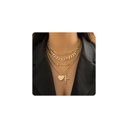 Gold Layered Necklaces for Women Chunky Layered Gold Link Chain Necklaces Trendy Paperclip Herringbone Toggle Clasp Necklace Statement Jewelry Accessories for Her - color: A6:heart goddess necklaces