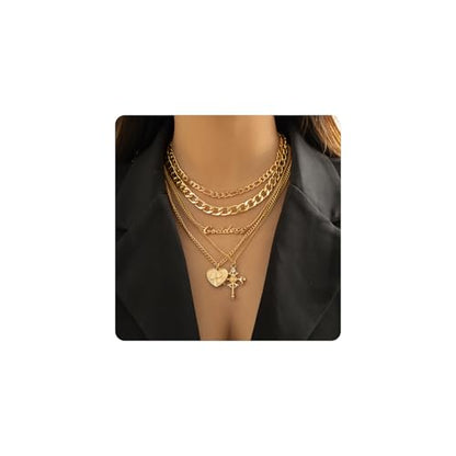 Gold Layered Necklaces for Women Chunky Layered Gold Link Chain Necklaces Trendy Paperclip Herringbone Toggle Clasp Necklace Statement Jewelry Accessories for Her - color: A6:heart goddess necklaces