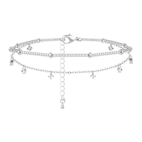 Gold/Sterling Silver Anklet Bracelets for Women Waterproof, Non Tarnish 925 Sterling Sliver Plated Heart Evileye Butterfly Charm, Dainty Summer Beach Anklets for Women, Beach Vacation Bikini Outfits for Her Mom - style: CZ-Silver