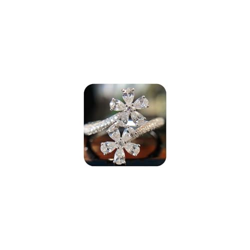 Adjustable Cubic Zirconia Ring for Women, Stackable Leaf Flower Design, Open Style Sparkling Crystal Silver Open Wrap Statement Ring
