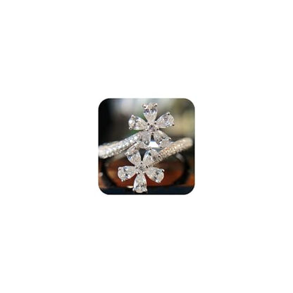 Adjustable Cubic Zirconia Ring for Women, Stackable Leaf Flower Design, Open Style Sparkling Crystal Silver Open Wrap Statement Ring