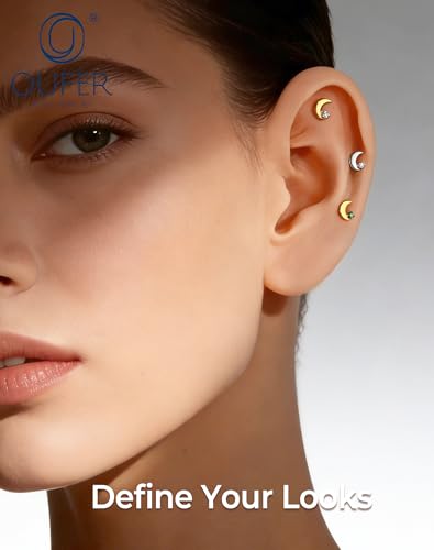 OUFER 18G Moon Cartilage Piercling Jewelry-G23 Titanium Flat Back Push Pin Gold Helix Earrings, Shiny Emerald CZ Tragus Lobe Rook Helix Piercing Jewelry - style: Gold