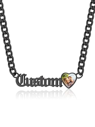 GoldChic JEWELRY Name Necklace Personalized for Men, Womens Custom Name Plate Chain, Stainless Steel Customized Old English Nameplate Choker with Curb Chains Custom, 16 inches to 30 inches - color: Photo & Cuban Chain 6 mm -Black