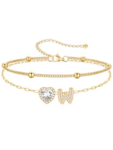 PROSTEEL Initial Ankle Bracelets for Women Waterproof, A-Z Gold/Silver Layered Anklets Adjustable, Summer Beach Gift Jewelry - color: Gold, size: W