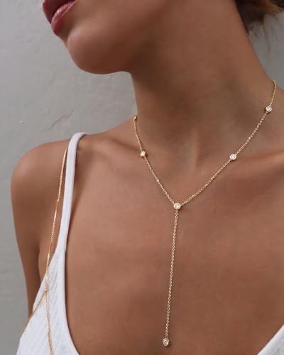 Tewiky Dainty Diamond Lariat Necklace for Women, Long Y Necklace | 14K Gold/Sterling Silver Plated Non Tarnish Necklace, Waterproof Drop Chain for Prom Wedding,Beach Summer Body Chian,Jewelry - color: Gold