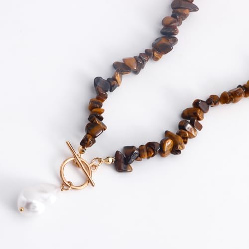 Bohemian Stone Pearl Choker Necklace for Women Dainty Natural Irregular Stone Choker Turquoise Beaded Lariat Necklace Simple Fashion OT Toggle Spiritual Handmade Jewelry - color: Brown