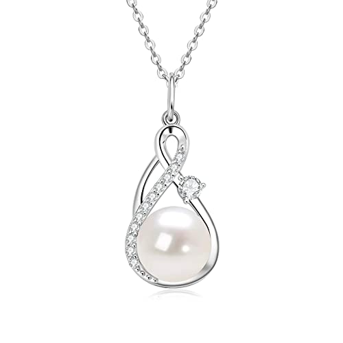Freshwater Pearl Necklace for Women | 14K Gold Plated Infinity Pendant Fine Jewelry | Dainty Everyday Layering Chain with Lobster Clasp - color: Silver Moissanite