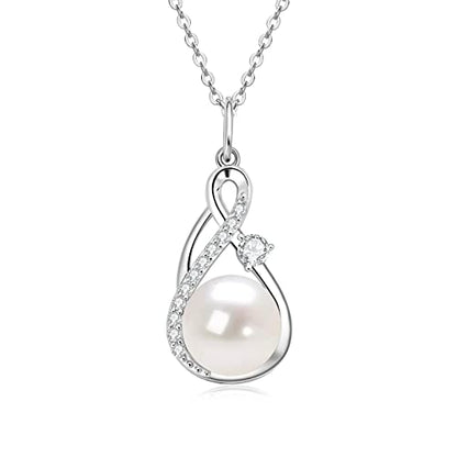 Freshwater Pearl Necklace for Women | 14K Gold Plated Infinity Pendant Fine Jewelry | Dainty Everyday Layering Chain with Lobster Clasp - color: Silver Moissanite