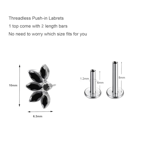 1pcs 16G 18G G23 Titanium Threadless Labret Studs Push-in Labret Lip Cluster Tragus Helix Conch Lobe Rook Cartilage Push Back Piercing Jewelry Earring - style: 5 eye-black