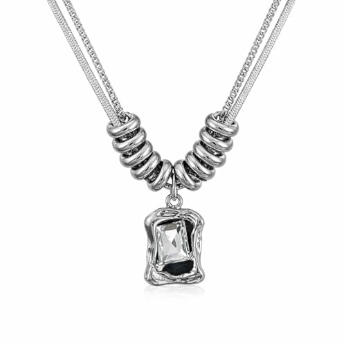 Modern Layered Snake and Curb Chain Necklace for Women, 18K Gold Plated Silver Tone Geometric Rectangular Crystal Pendant, Industrial Chic Bead Accents, Edgy Fashion Jewelry for Parties and Night Out