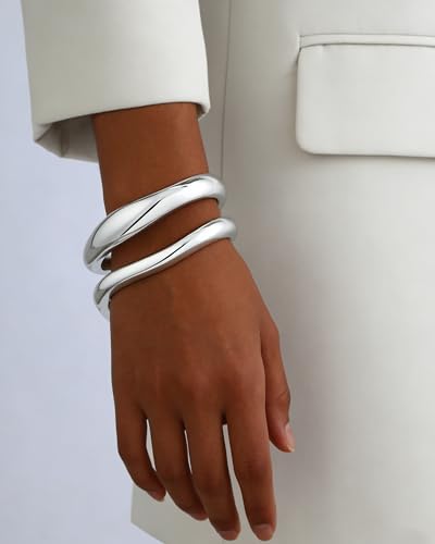 2pcs Gold Bangle Bracelets for Women, Trendy Hinged Cuff Open Wide Chunky Gold Bracelet Stack Arm Cuff Jewelry for Women - color: A-Silver Bangle