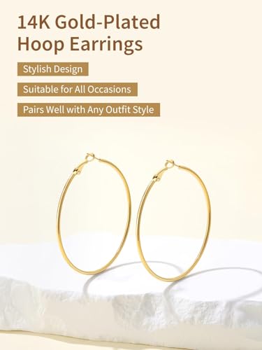 FindChic Thin Hoop Earrings for Women,Silver/Black/Gold Plated 20-100mm - color: Gold, size: 60mm