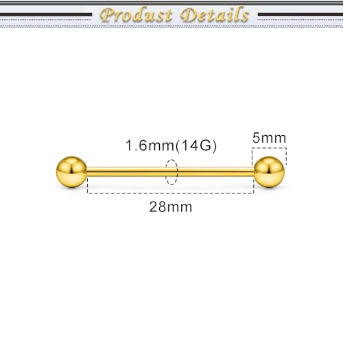 16G 14G Surgical Steel Tongue Rings Nipple Rings Industrial Piercing Jewelry Set Multi Size Straight Barbells 12mm 14mm 16mm 19mm 22mm 28mm 32mm 35mm 38mm 40mm 45mm for Women Men - color: goldtone, size: 14g,bar length 28mm
